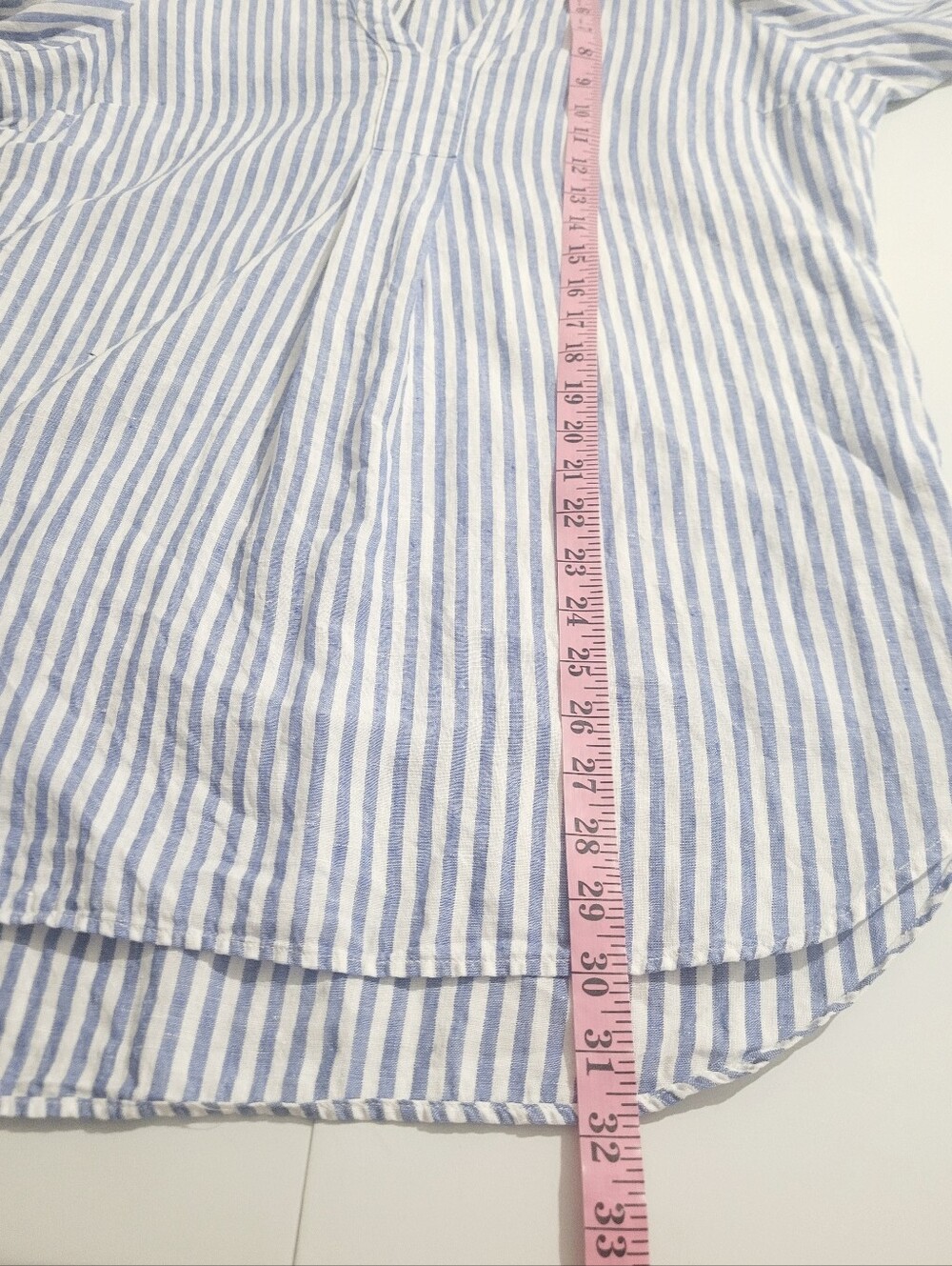 L.L.Bean 100% Linen Woman Tunic Top Medium Blue White Stripe Split Neck Shirt - Picture 11 of 13